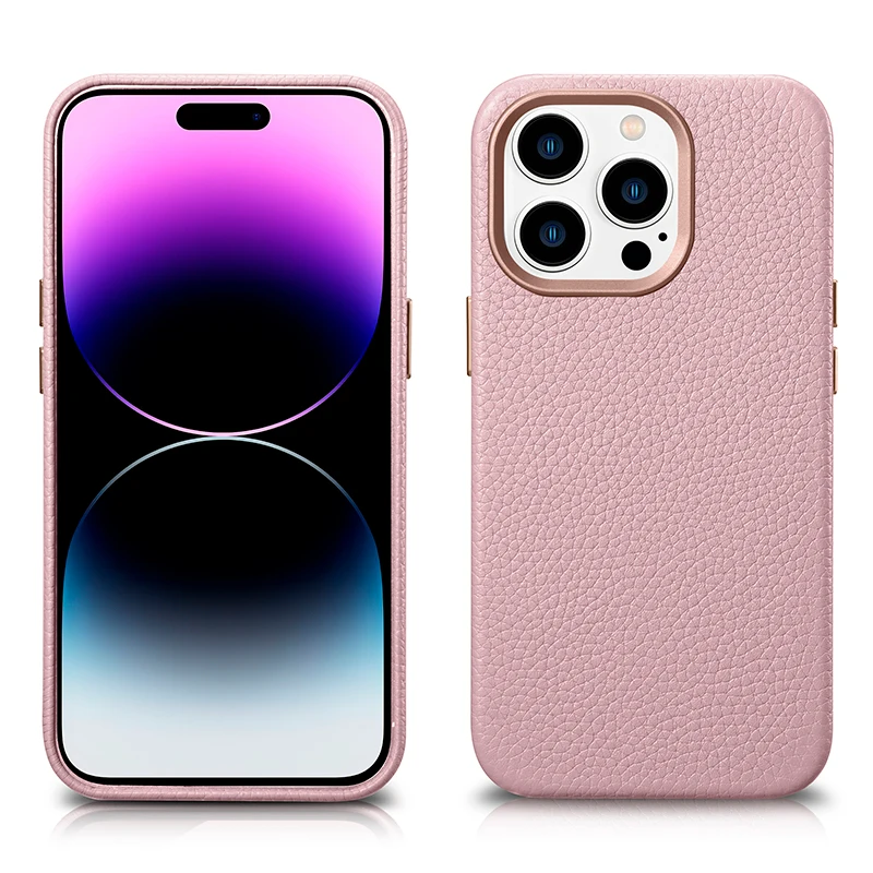 Manufacturer Supplier Litchi Layer Pattern Purely Handmade Authentic First Leather Mobile Phone Back Case For Iphone 14