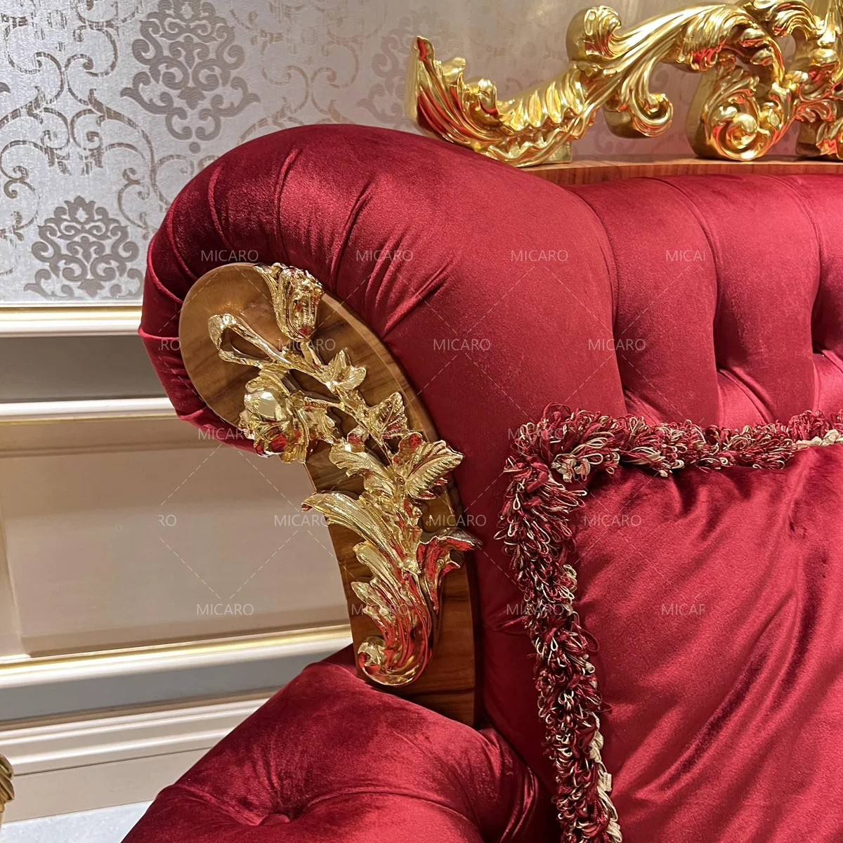 Gold leaf color wood carved royal style  latest design hall sofa set