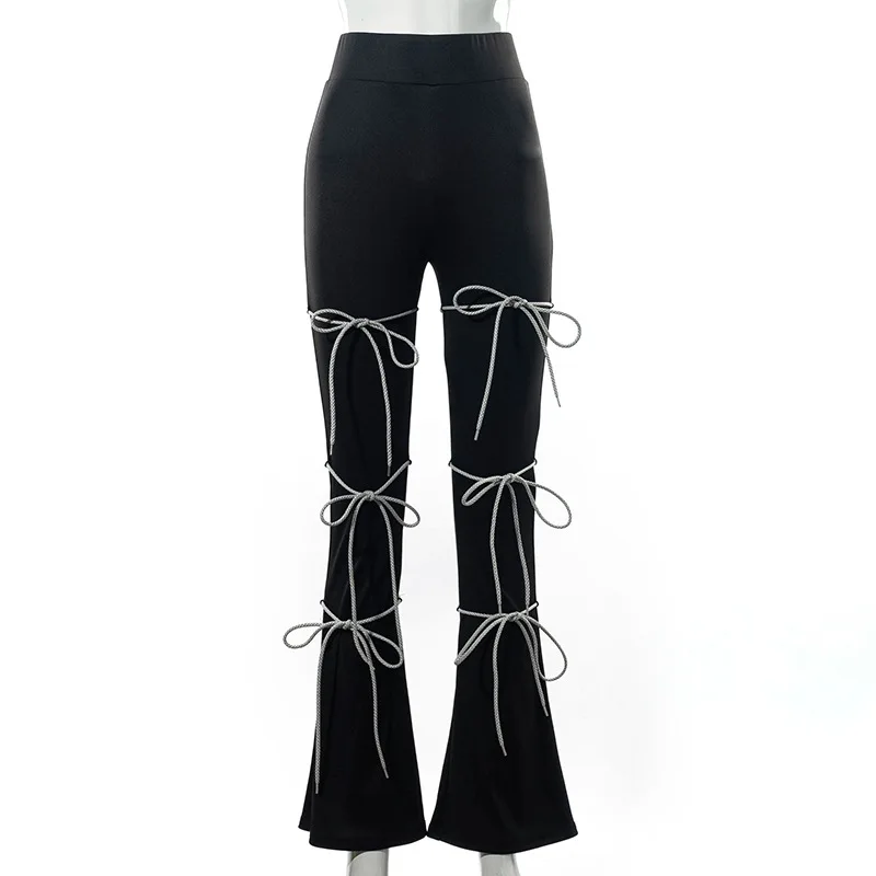 Fashion Ladies High Waist Reflective Ropes Pants Black Flared Bottom Trousers