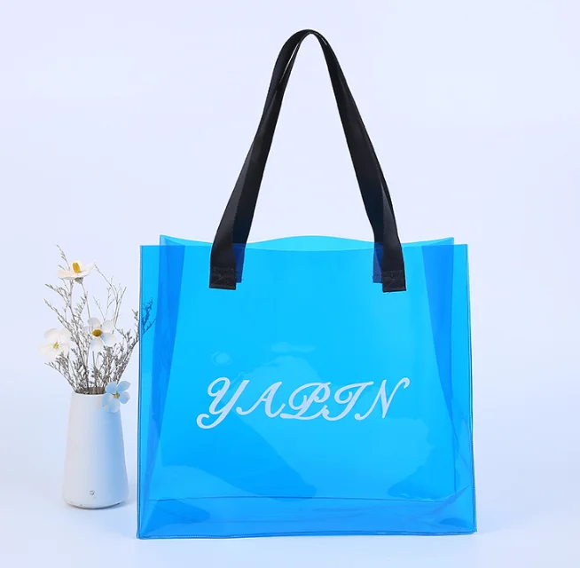 fashion Logo mini clear plastic PVC shopping bag outside tote holiday beach tote shoulder transparent bag with webbing handles