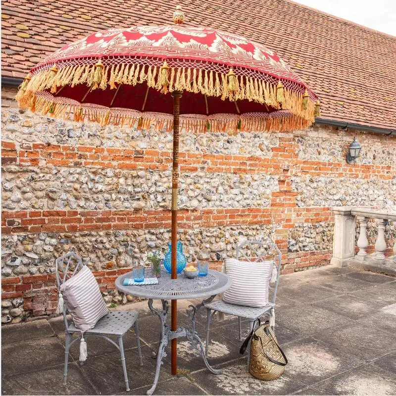 2m Vintage Furniture Handcrafted London Outdoor Garden Sun Parasol with Fringe Tassels, Boho Bali Yard Patio Poolside Umbrellas