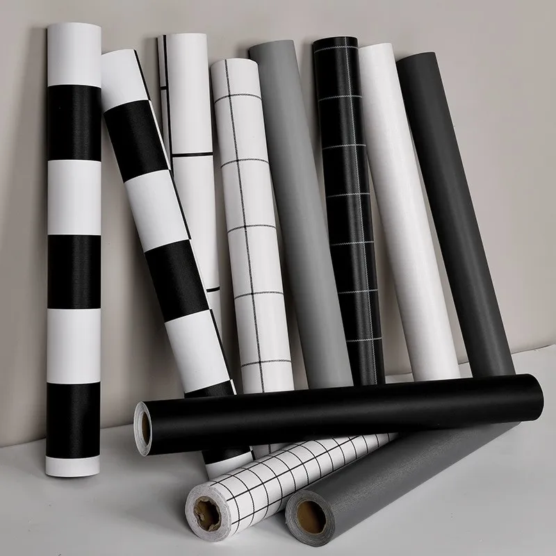 Simple pattern white grid wall paper sticker adhesive waterproof pvc black wallpaper for hotel house living room deco