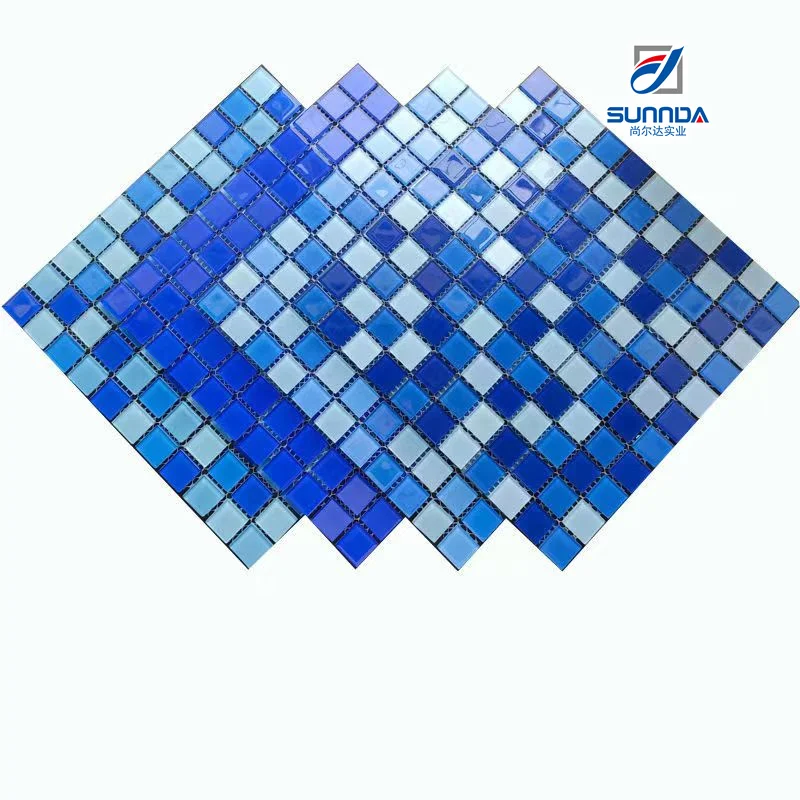 Fashion Sky Blue Cool designs mesh backed Crystal clear glass mosaic floor wall tiles for swimming pool bathroom garden