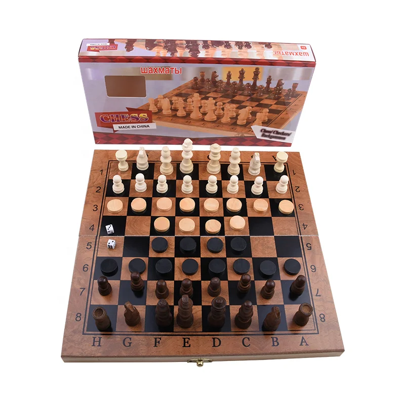 Wholesale Custom Chess Set Wooden Board Game Travel Folding Portable 3 In 1 Chess Piece Wooden Folding Board