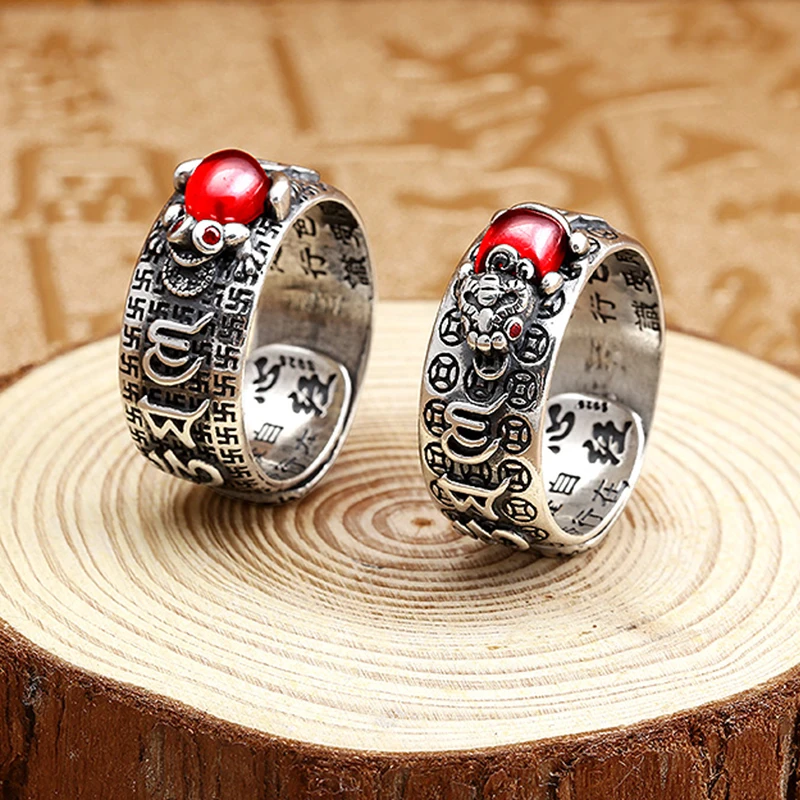 Silver Vintage Pixiu Protection Wealth Amulet Feng Shui Garnet Toad Mantra Heart Sutra Lucky Adjustable Ring for Unisex