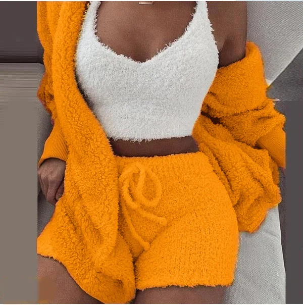 Winter polyester fiber sexy plush thick homewear leisure long sleeve vest shorts suit 3 piece pajama set women