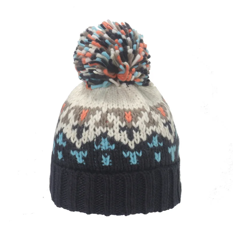 New Custom Knitted Thick Rope Winter Beanies Wholesale Jacquard Vintage Mohair Pom Pom Warm Hat For Unisex