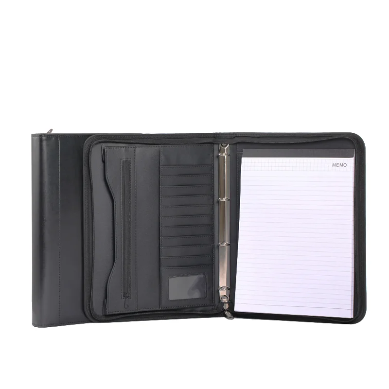 Custom PU Leather Portfolio Zipper 4 Ring A4 Size Binder File Folder