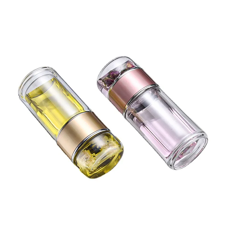 260ml Wholesale Glass Tea Water Separation Bottle with Tea Strainer Leak-Proof Glass Tea Tumbler with Wood Color For Office