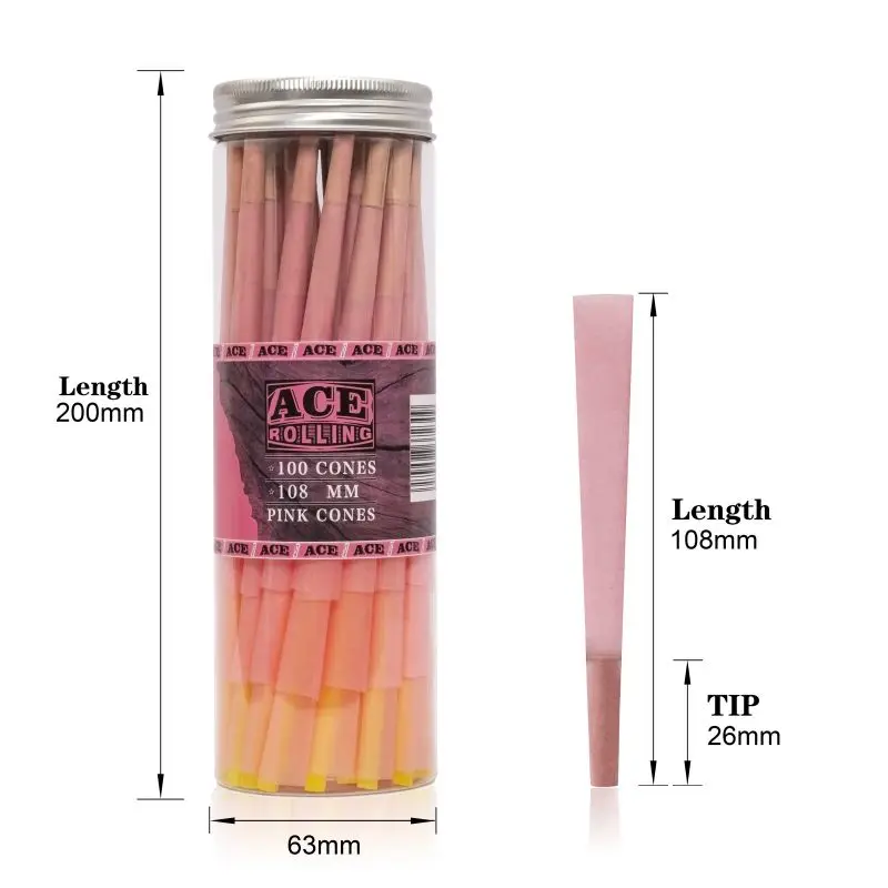 Oem Order Slow Burning 108Mm Rolling Paper Smoking Custom 100% Organic Arabic Gum Pink Hemp Pre Rolled Cone