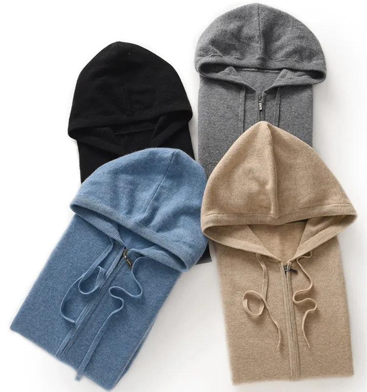customized classic style casual knit zipper cashmere hoodie merino wool cashmere sweater for men