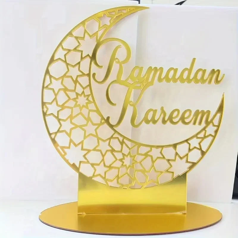 Acrylic Golden Ramadan Eid Mubarak Sculpture Moon Shape Table Desk Decoration Centerpiece Laser Cut Luxury Decorative Products