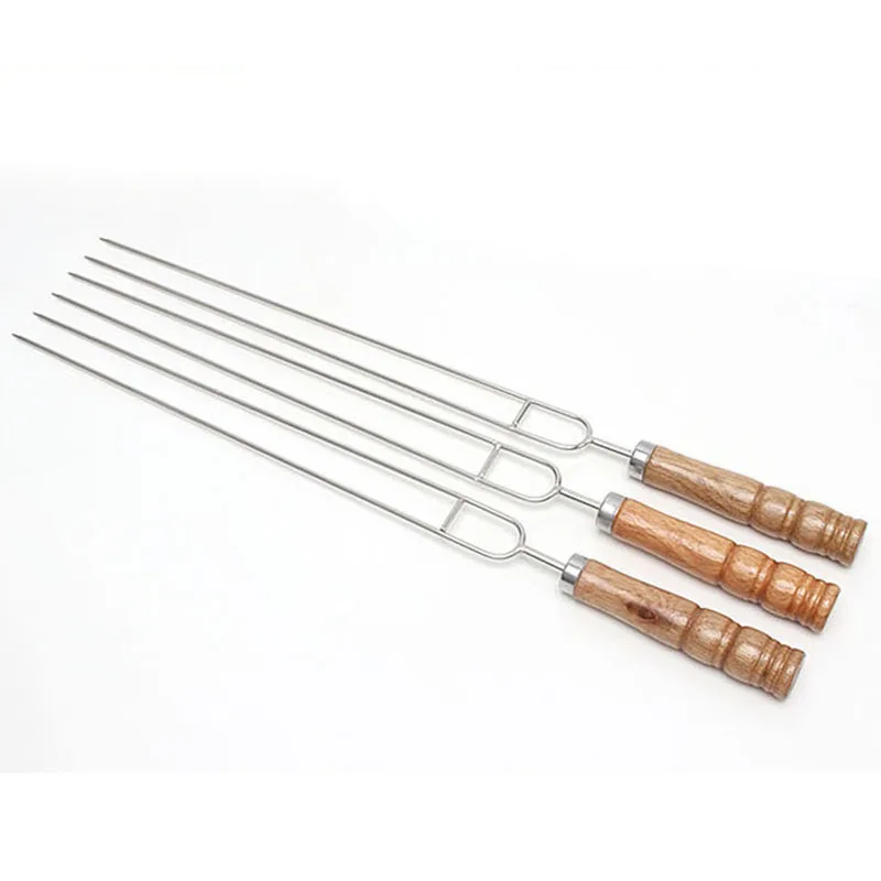 China Factory High Quality BBQ Accessories Big Wood Handle Metal Stainless Steel Skewer for Grilling Barbecue