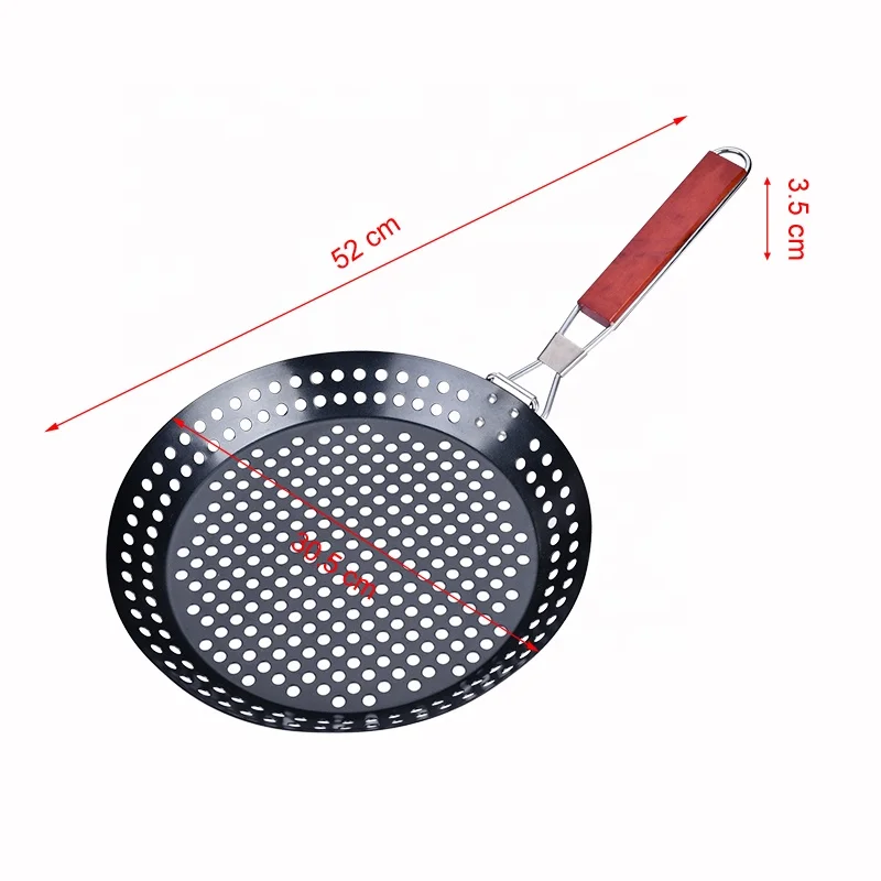 Bbq Grilling Non Stick Coating Pan Accessories Round Basket Skillet Grill Topper With Removable Wooden Handle