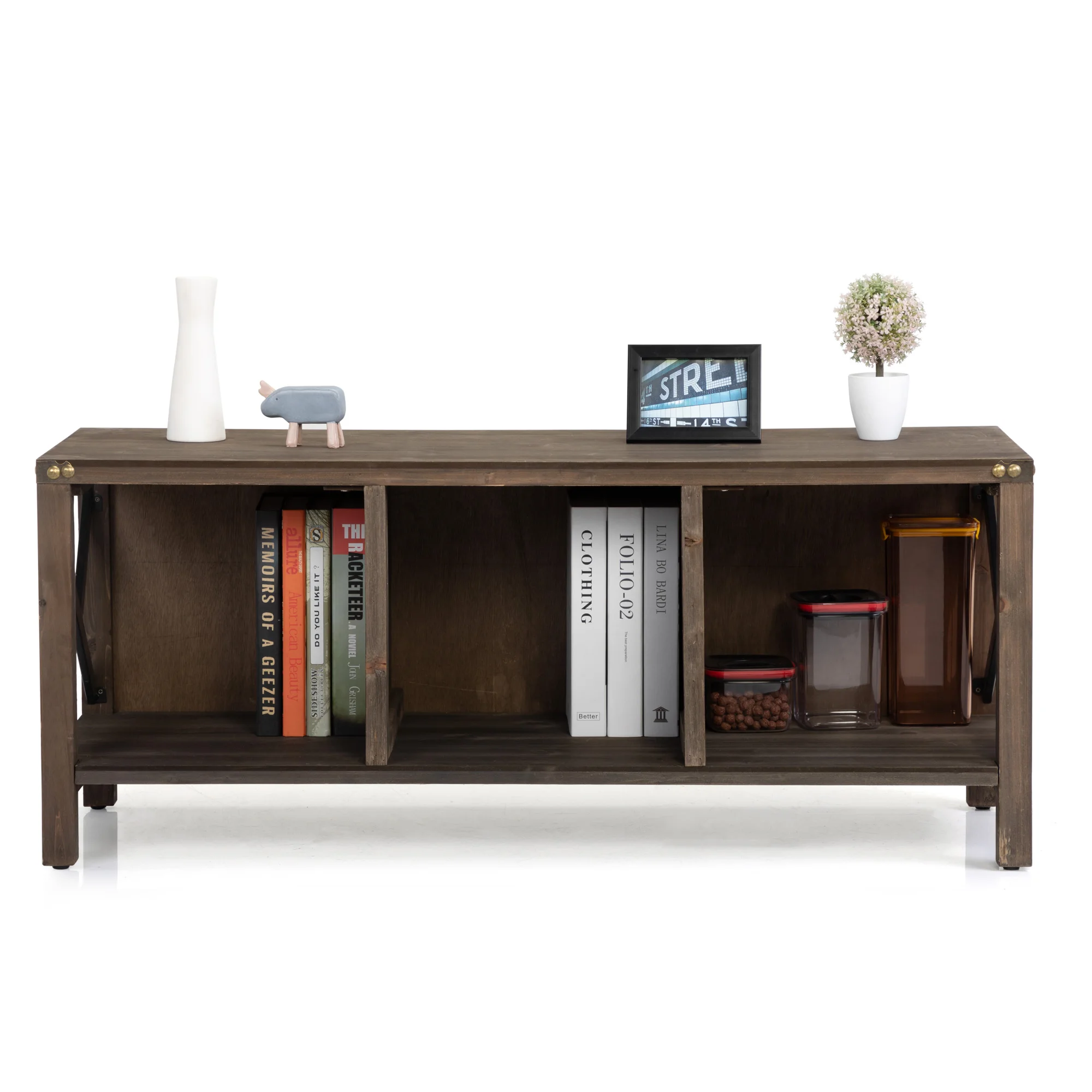 Farmhouse Metal Side Racks Adjustable Foot Mats Wood Shoe Storage Bench for Entryway, Gray