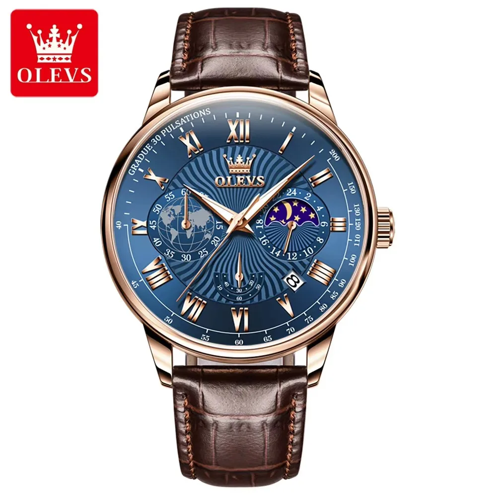OLEVS 2893 Casual Quartz Watch Gift Genuine Leather Watchband Wristwatch Chronograph Calendar Waterproof Clock