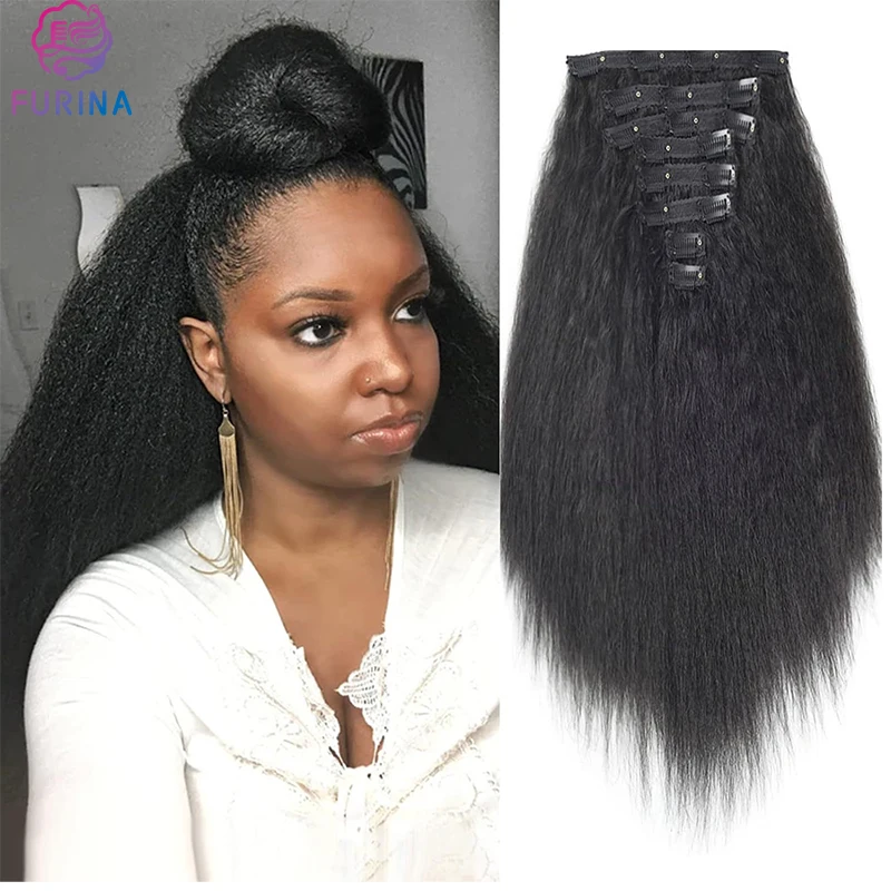 High quality beauty kinky straight full yaki 8 pcs 18 clips handy synthetic clips in hair extensions for women girls