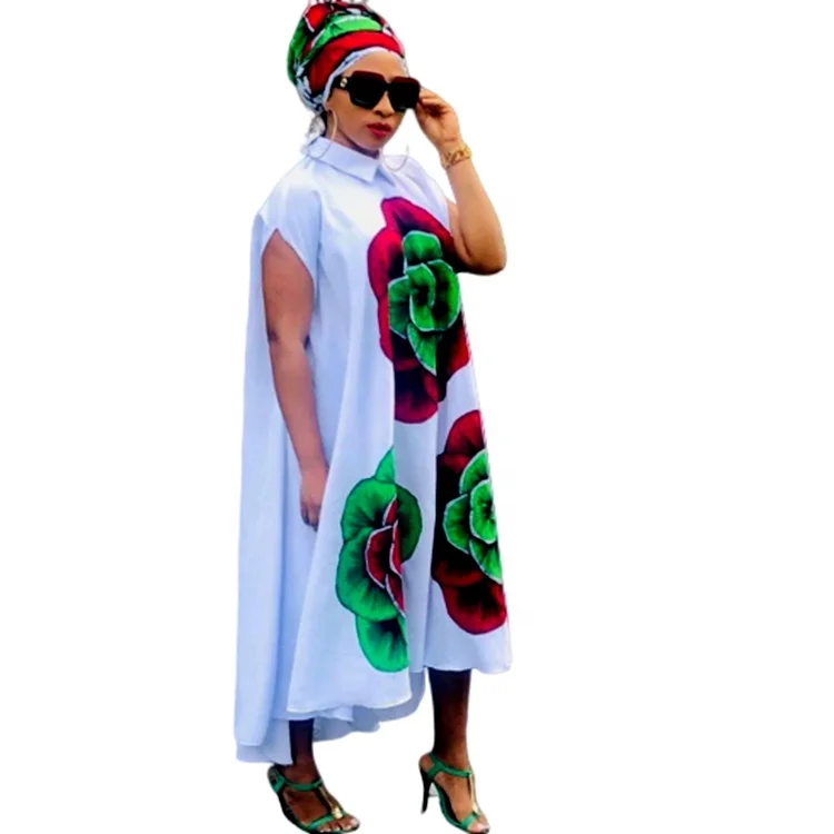 Summer Fashion Floral Print African Ankara Boubou Straight Dress For Women