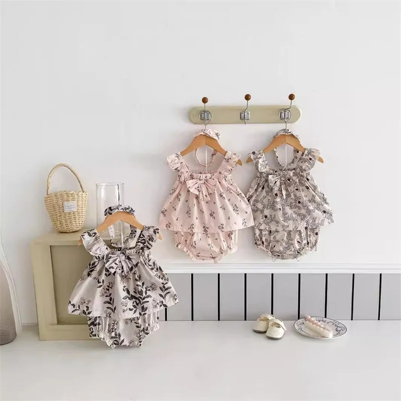Wholesale Summer 3-6 Months Baby Girl Clothes 2 Piece Set Floral Fashion Tops and Shorts with Headband