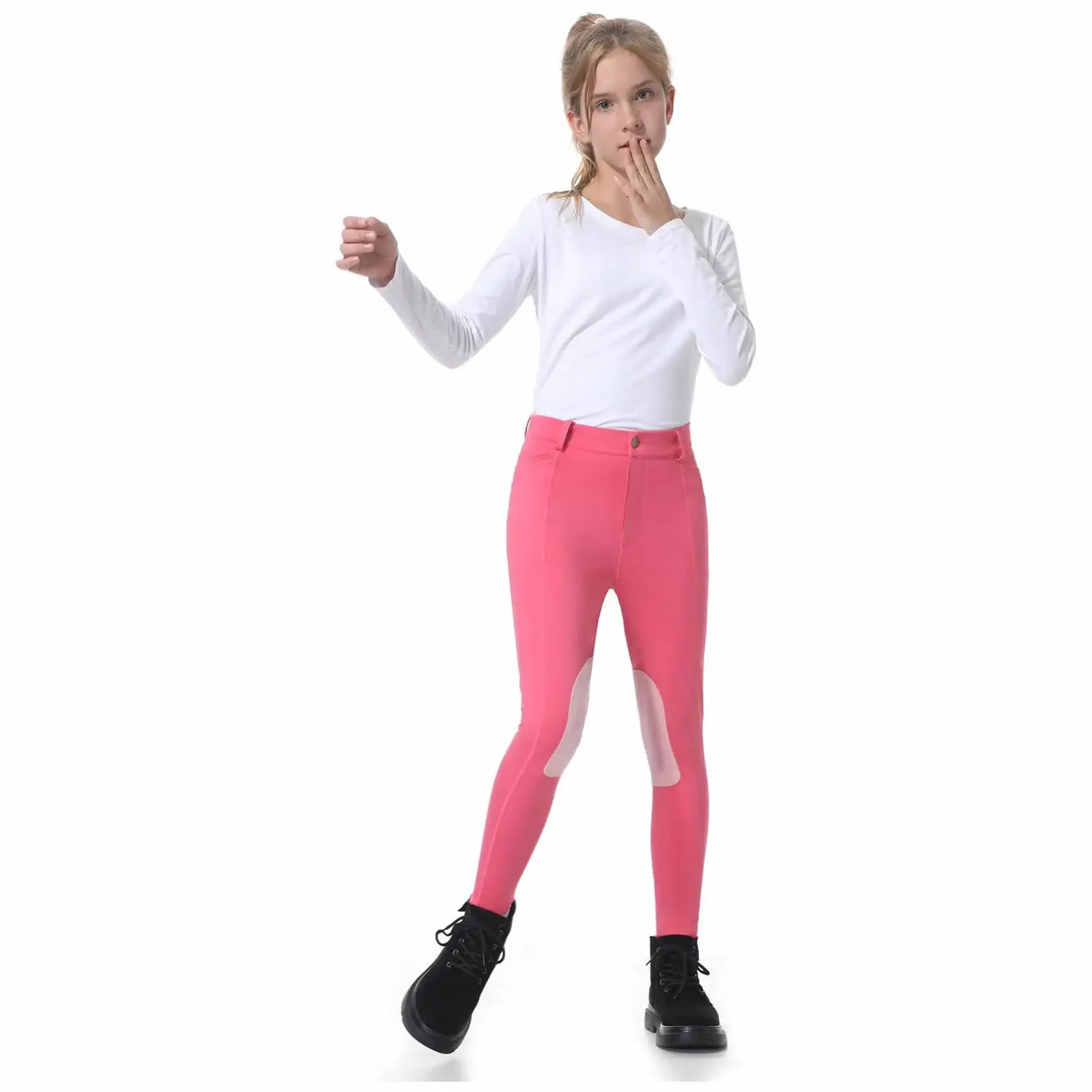 Custom Logo Girls Equestrian Horse Riding Pants Breathable Front-Zip Breeches with Knee-Patches Pockets Tight Riding Tights Kids
