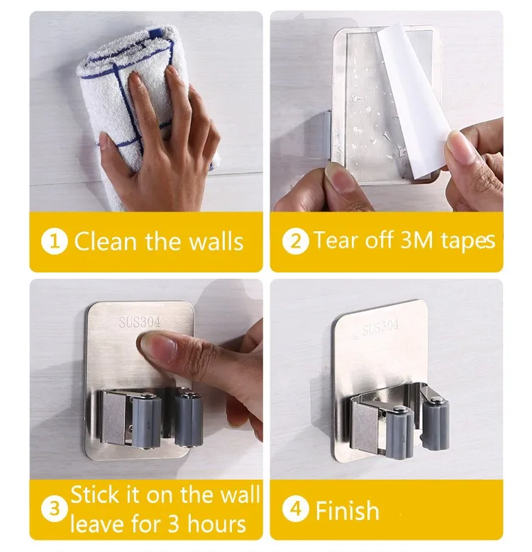 304 Stainless Steel Wall Mount Self-Adhesive Non-Slip Heavy Duty Garden Tool Holder Garage Bathroom Organizer Mop Broom Holder