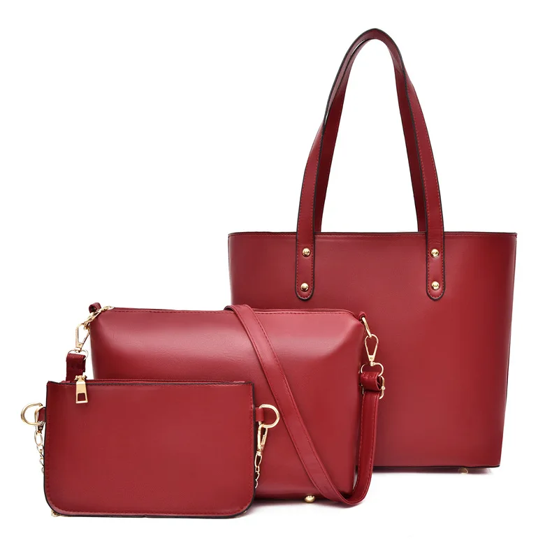 3 in 1 set High quality custom pu leather tote bag with zipper wholesale handbag