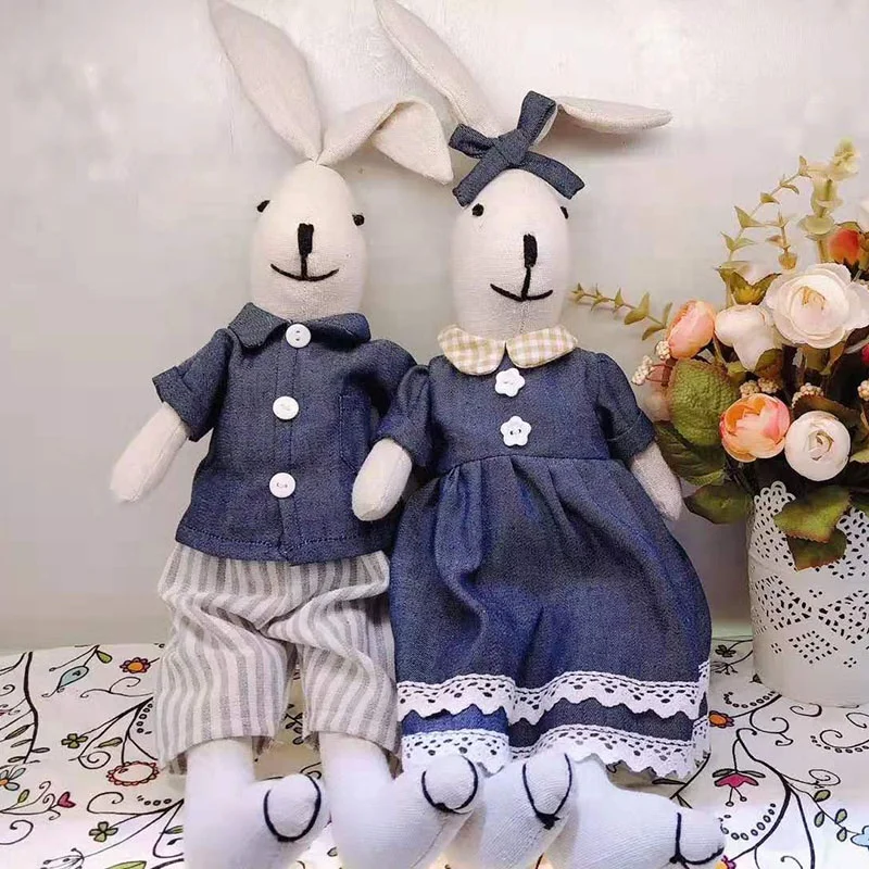 Linen rabbit cotton fabric dolls bunny with jean&cotton cloth doll baby gift