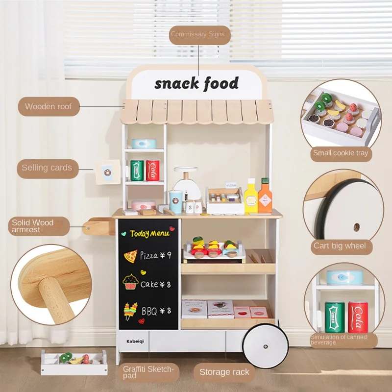 Unisex Wooden Commissary Toy Cart Simulation Cash Register for Children for Supermarket Home or Kindergarten Scene Toys