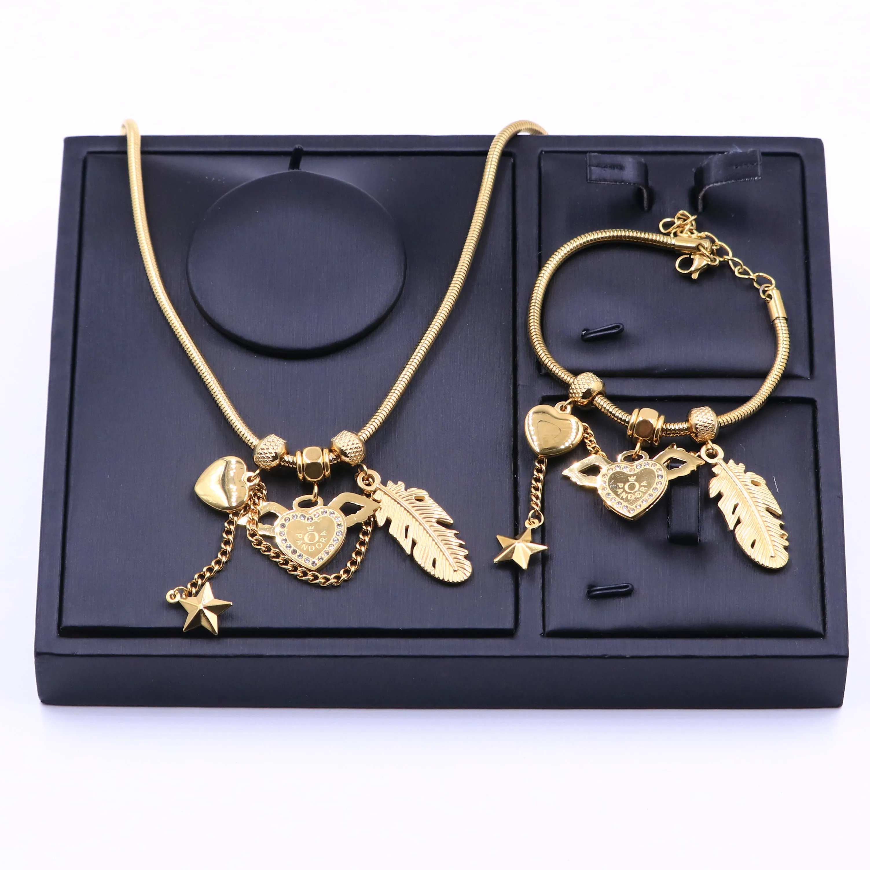 Gold Plated 18K High Quality Stainless Steel Charm Beads Necklace and Bracelet Jewelry Set Wholesale for Women