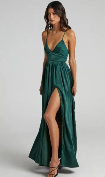 High Quality Sexy High Split Sleeveless Satin Long Party Dress Backless V Neck Strappy Padded Dress