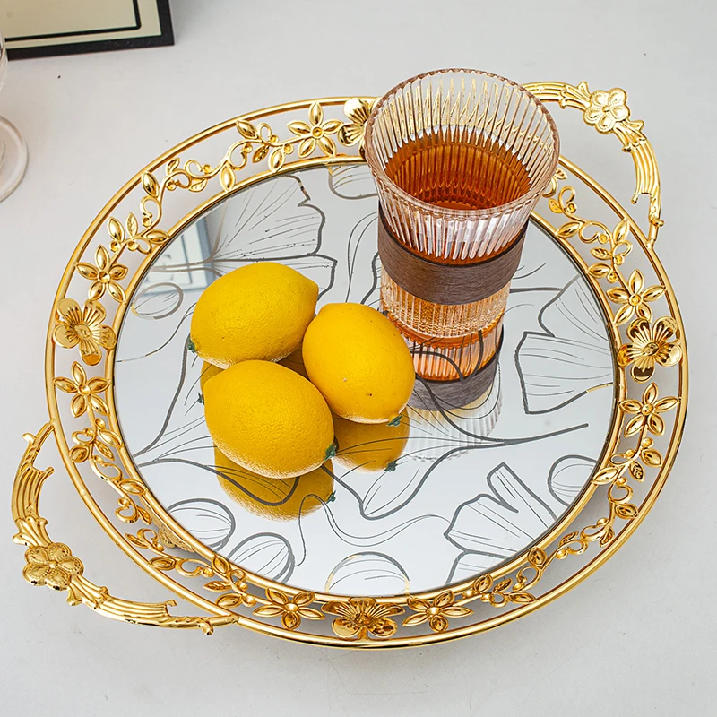 Rectangle Dove Ornament Arabic Style Luxury Wedding Gold Metal Fruit Serving Glass Vanity Mirror Bottom Tray with Handles