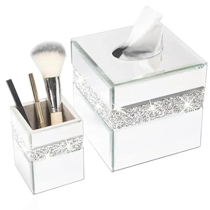 Diamante Mirrored Tissue Box Cover Brush Holder Kit Tissue Box Holder for Dresser Living Room Bedroom Luxury Gift