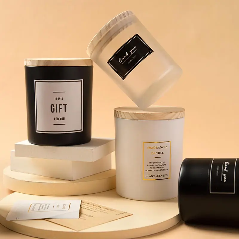 Custom Logo Wood Lid White Black Matte Colored Glass Candle Jar For Candle Making