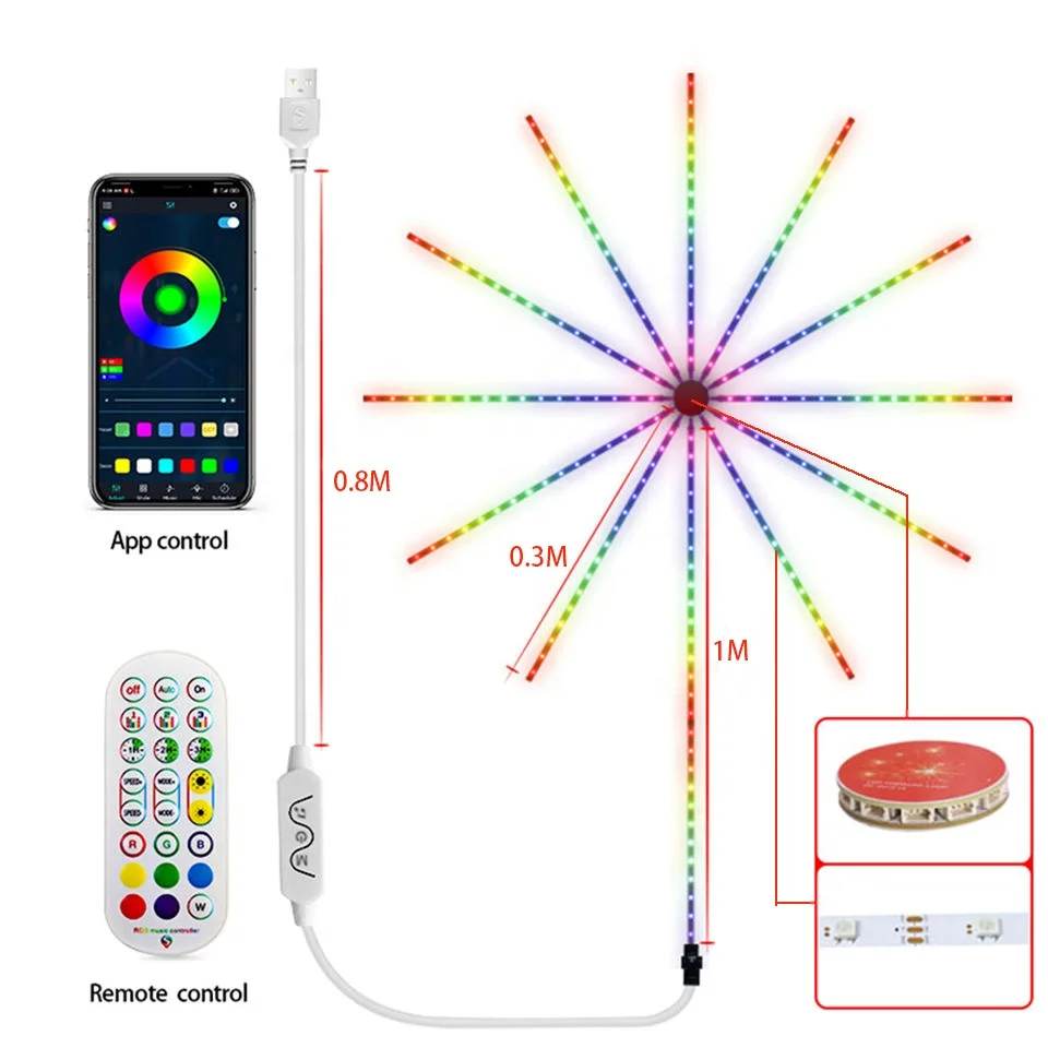 LED Smart Dream Color Firework Lights Decorative Electric Remote Control Firework Strip Light With APP Music