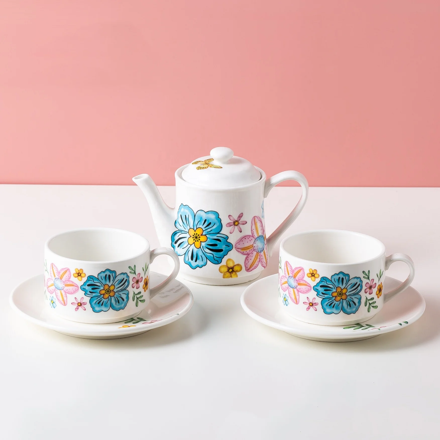 Wholesale Stackable Ceramic Tea Pot with 2 Tea Cups Set Flower Printed Tea for Two Gift Set