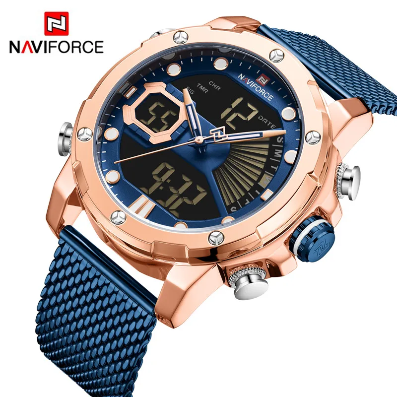 Мужские спортивные часы NAVIFORCE 9172 роскошные золотистые кварцевые Стальные водонепроницаемые цифровые наручные мужские