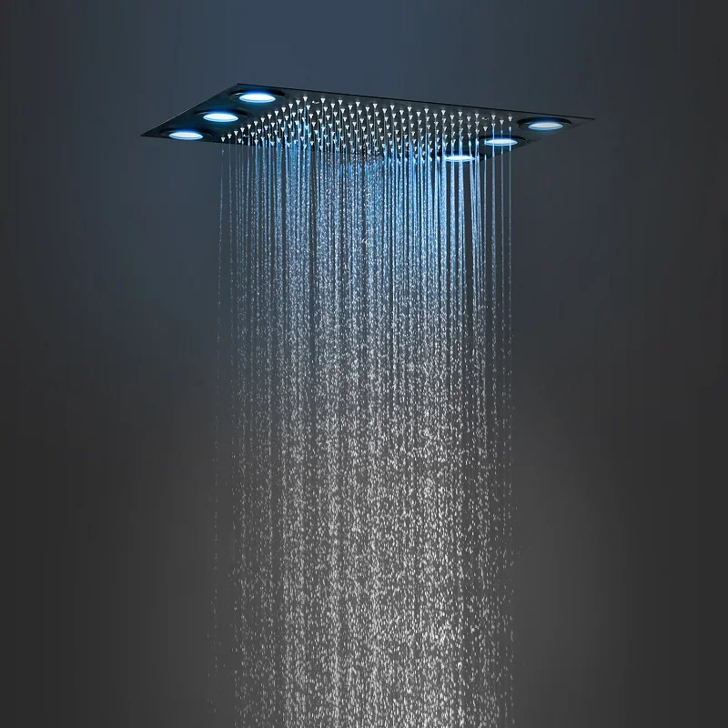 Bathroom Stainless Steel LED Shower Panel Ceiling Mounted Rainfall Matte Black Massage Jets Let Shower Set