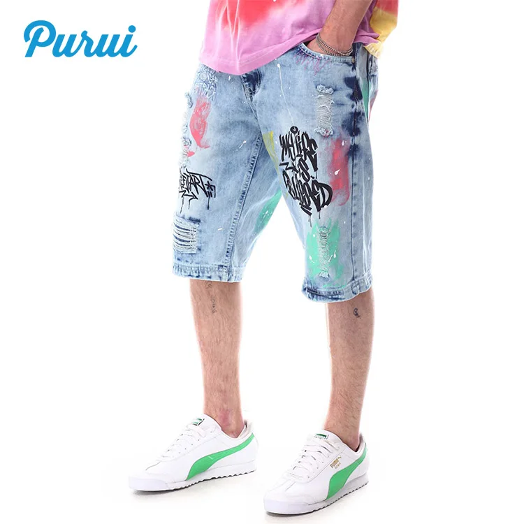 2021 branding logo rip & repair color brush handpaint rubberized print mens denim short jeans