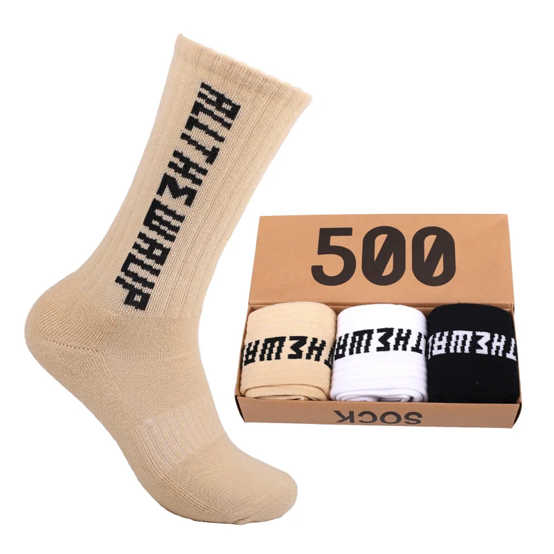 OEM Sports terry cushion Men logo socks Athletic Trainer hip-hop Skateboarding socks Running Basketball cream custom words Sock