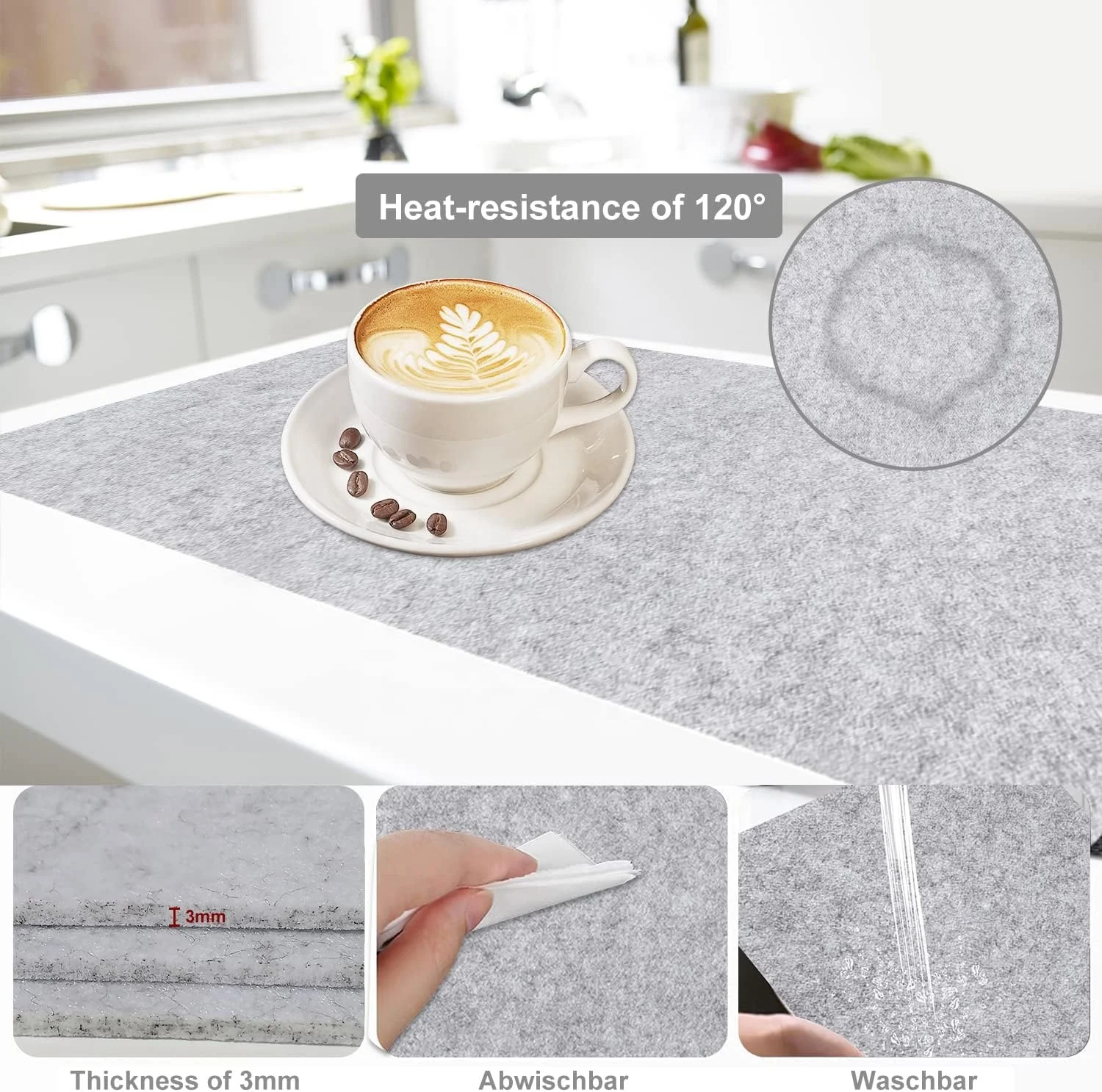 Light Grey Felt Table Runner and Placemat Set with Coasters and Cutlery Bags for Home Kitchen Restaurant Hotel Dining Table