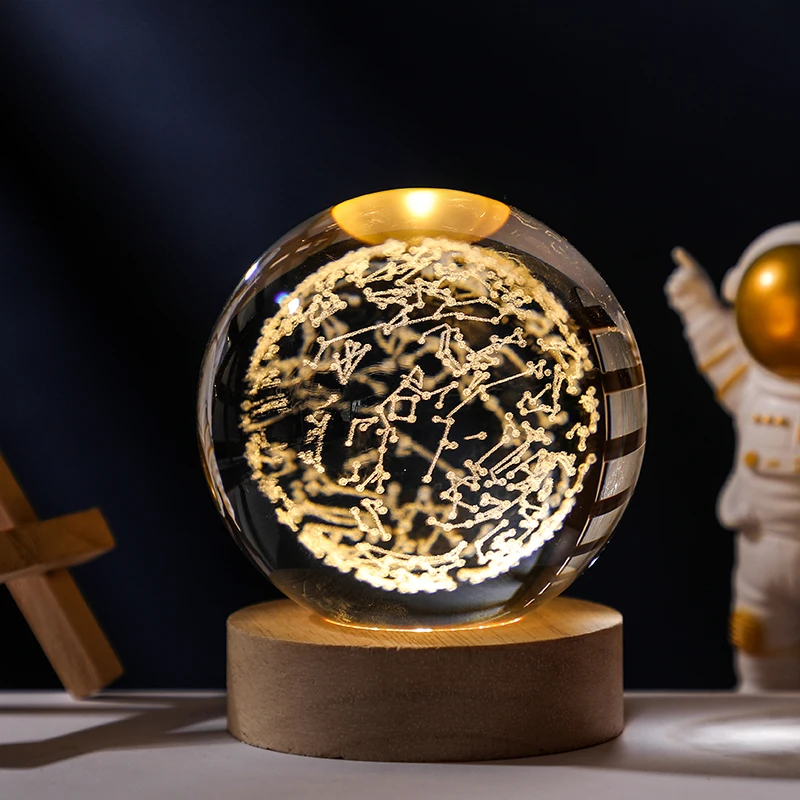 Astronomy Crystal Astronaut Planet Globe 3D Laser Engraved Solar System Crystal  Ball with Touch Switch LED Light Base