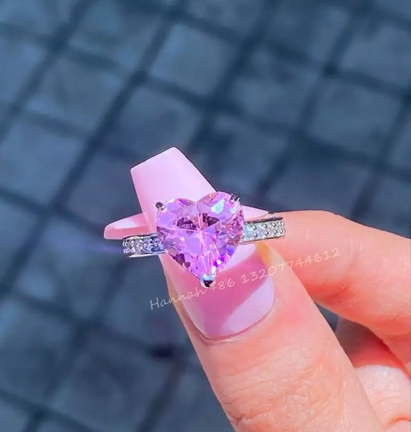 Foxi jewelry fast shipping iced out women rings 925 sterling silver plated pink heart diamond ring