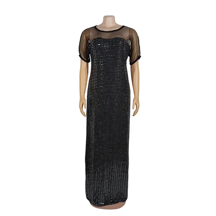 
OL Temperament Sexy Elegant Black Rhinestone Sequins Thin Party African Women Dress 