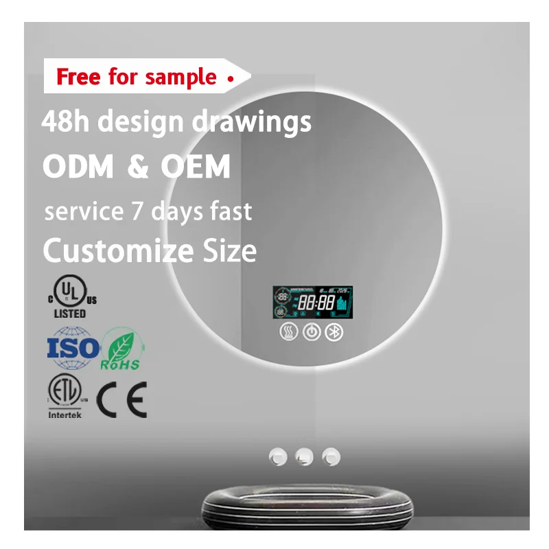 Hotel Wall Mounted Illuminated Smart LED Triple Color Light Anti-Fog Decorative Vanity Bath Mirror display Bluetooth and clock