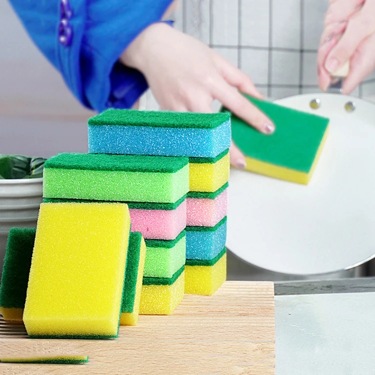 Wholesale Cheap household double side kitchen cleaning sponge block green yellow washing sponge scouring pad dish-washing sponge