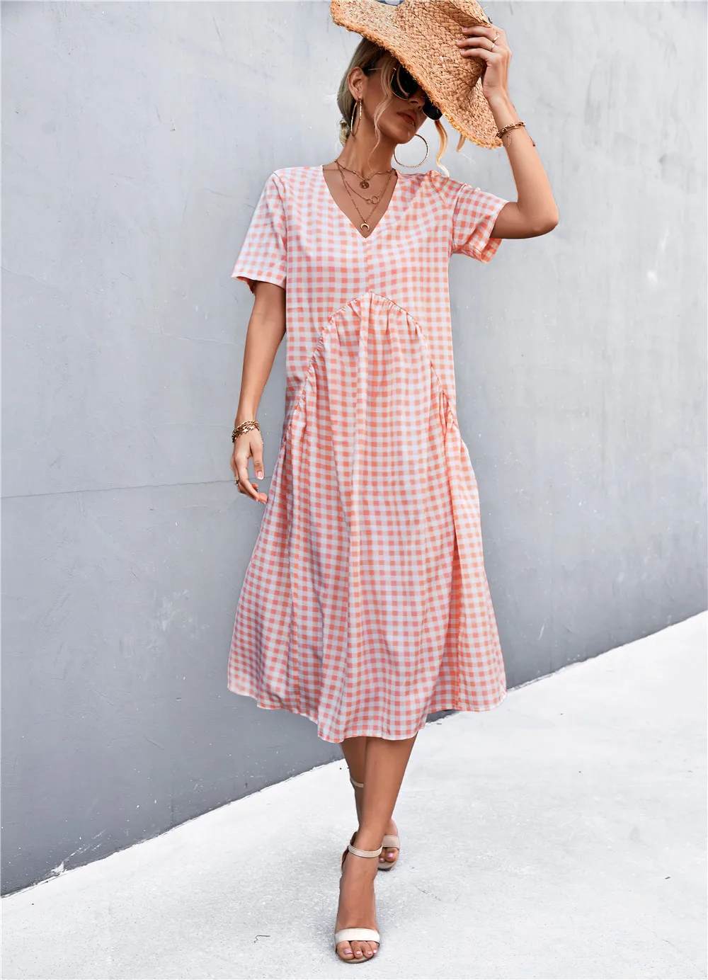 V-neck short-sleeved pleated checkered dress Plaid Woven Simple Pencil Embossed clothing manufacturers custom