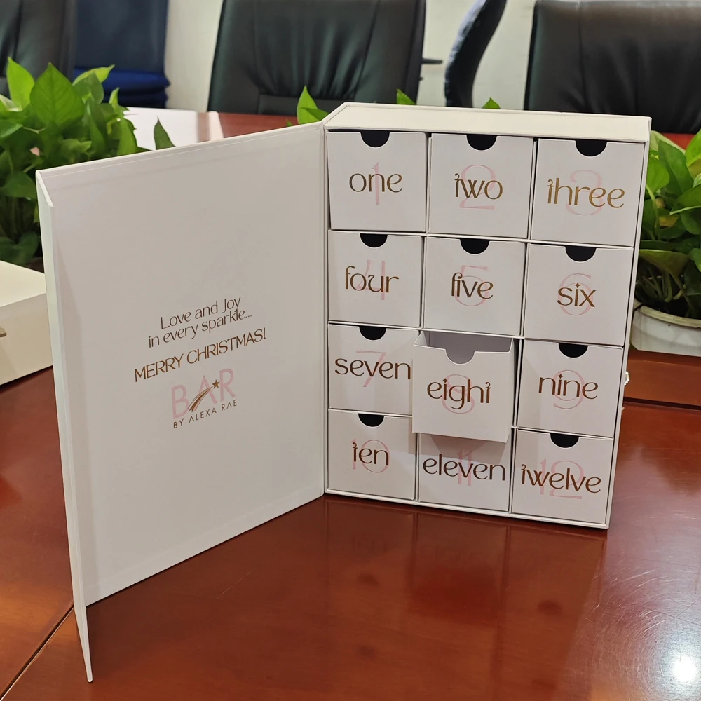 Luxury White Cardboard Custom 12 Days Christmas Advent Calendar Spot Gold Foil Magnetic Gift Box