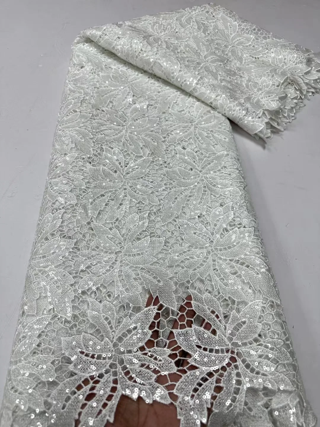 High quality cord lace sequins water soluble white guipure lace chemical