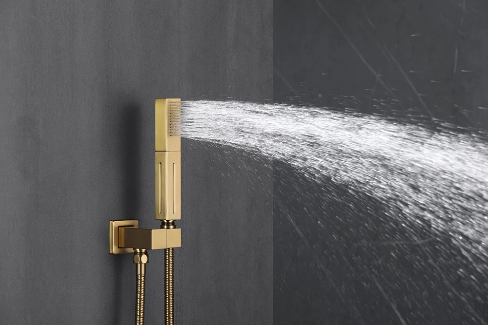 Square 12 Inch Brushed Gold Shower Faucet Set with Rain Handheld Wall Mounted Shower Mixer Complete for Bathroom Shower Fixtures