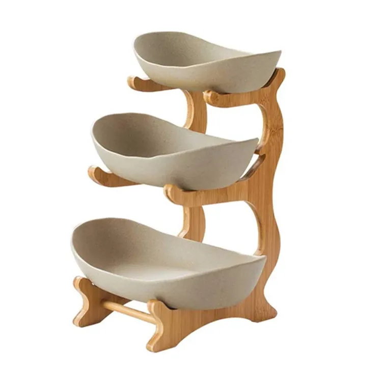 Large Capacity Dried Fruit Basket Display Stand Candy Snack Ceramic Dish 3 Tier Bamboo Shelves For Vegetable And Fruit